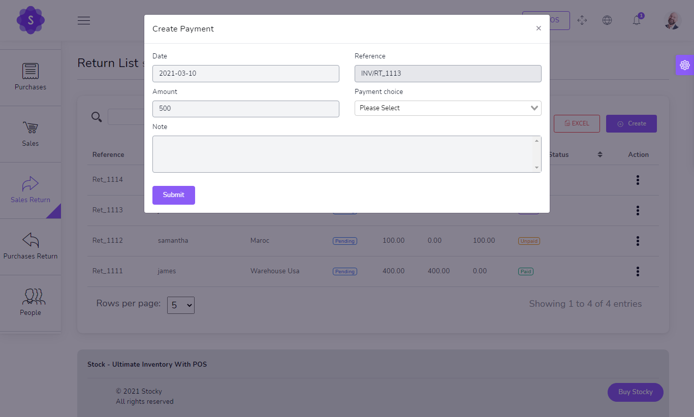 Create Payment Return Sale