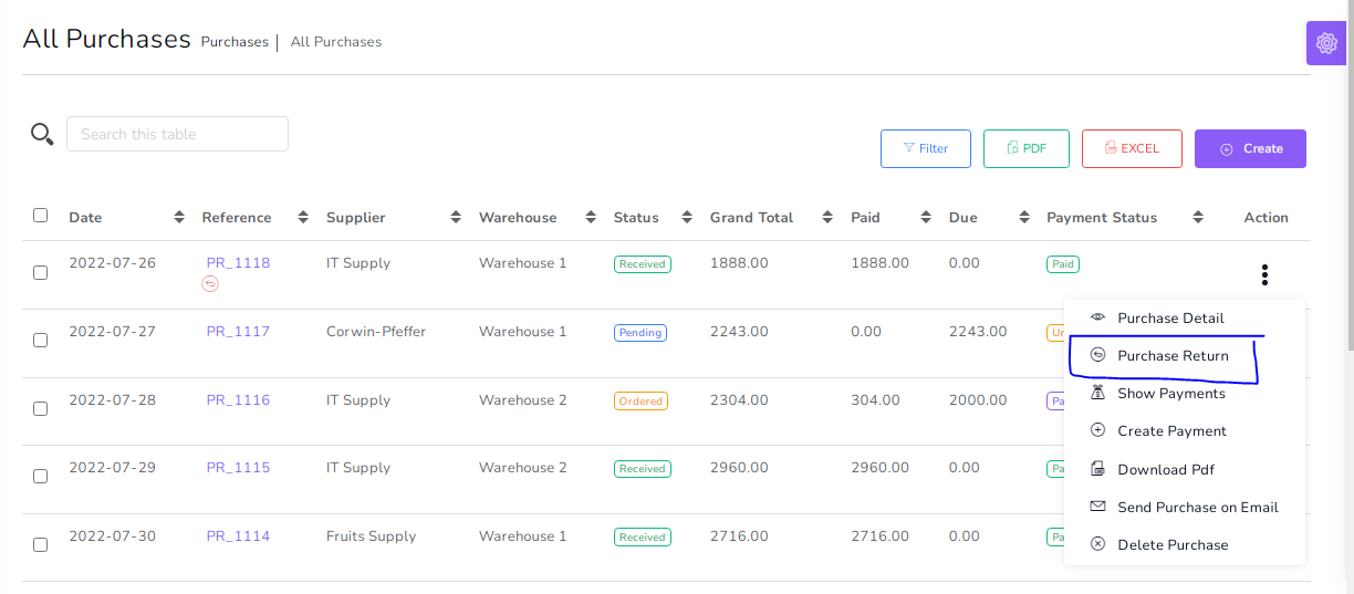 Create Purchase Return