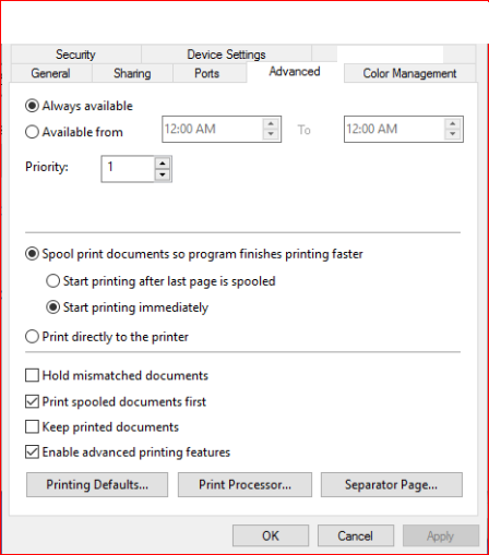 Printer Advanced Tab